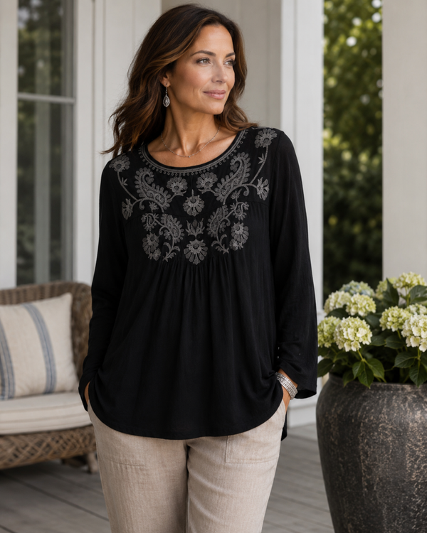J. Jill Women’s Black Gray Tunic Embroidered Tunic PL Quiet Luxury Boho Festival