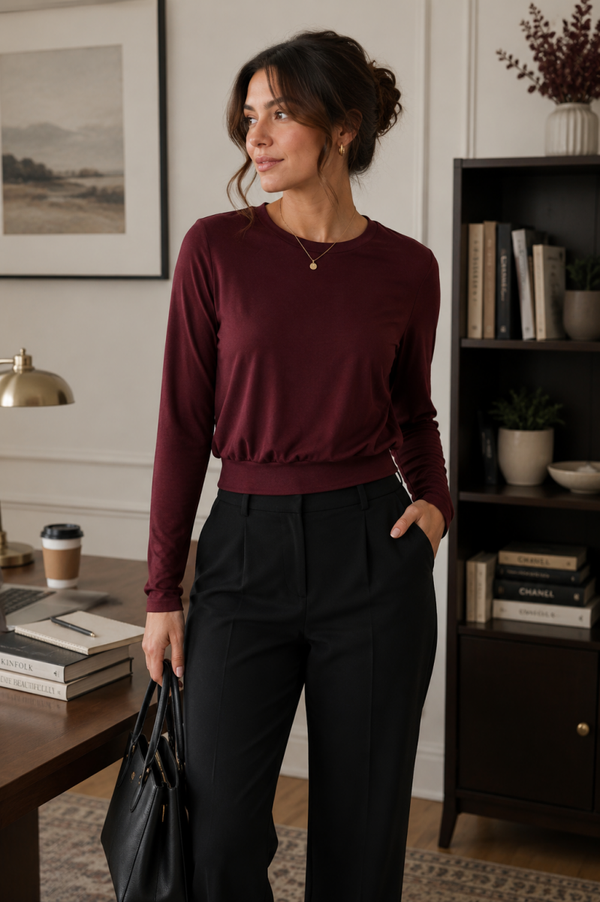 NWT Halara Women's Burgundy Round Neck Long Sleeve Work Top XS Office Career
