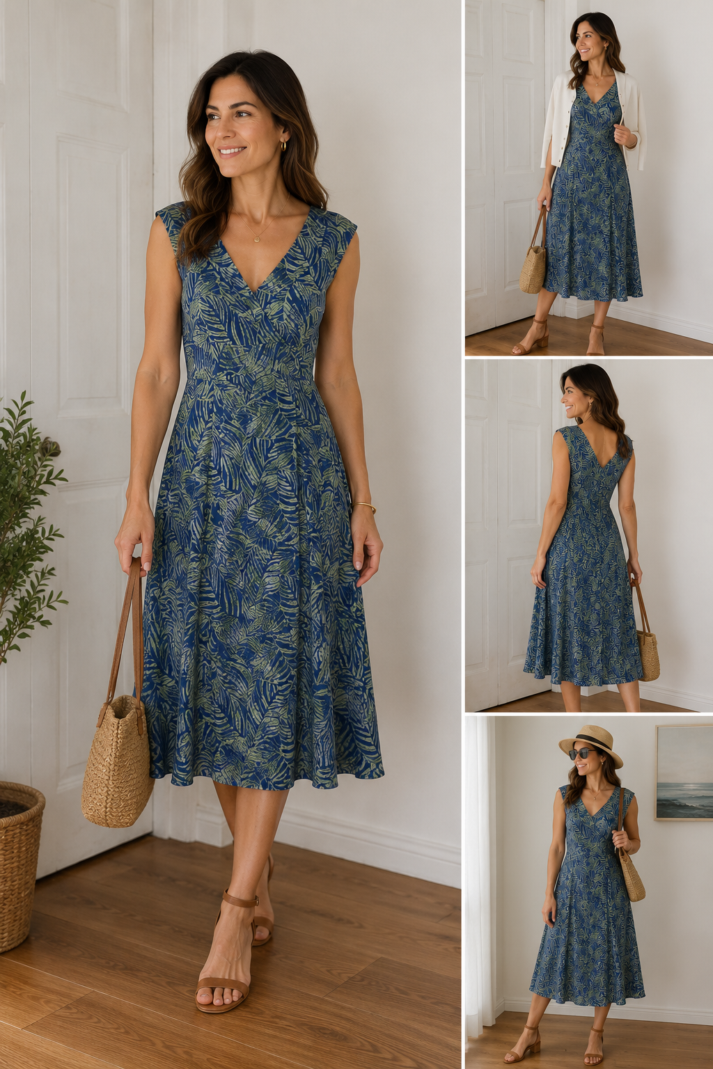 LL Bean Jersey Stretch Dress Women’s Small Midi Green Leaf Tropical Beach Casual