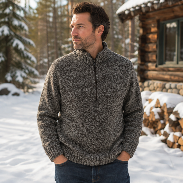 Woolrich Men's Gray Marled 100% Wool 1/4 Zip Sweater L Outdoors Winter Cabincore