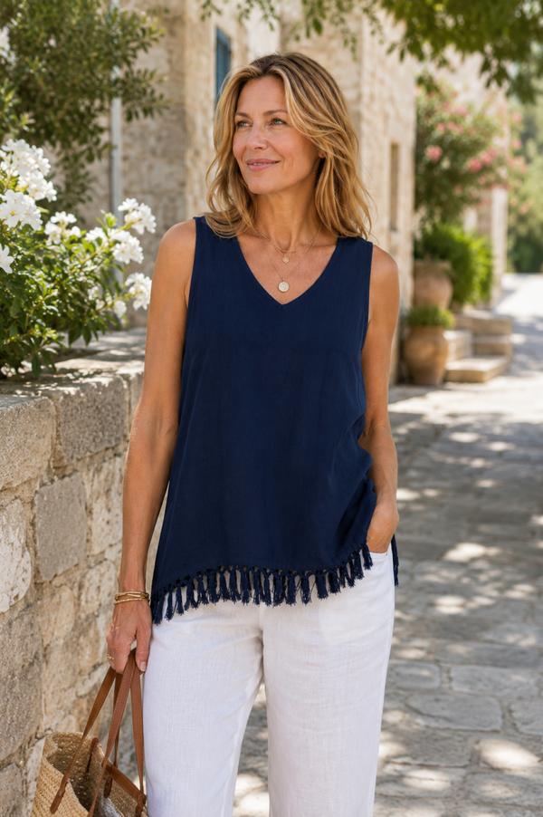 J. Jill Women’s Navy Blue Tank Top Fringed Hem S Quiet Luxury Summer Linen