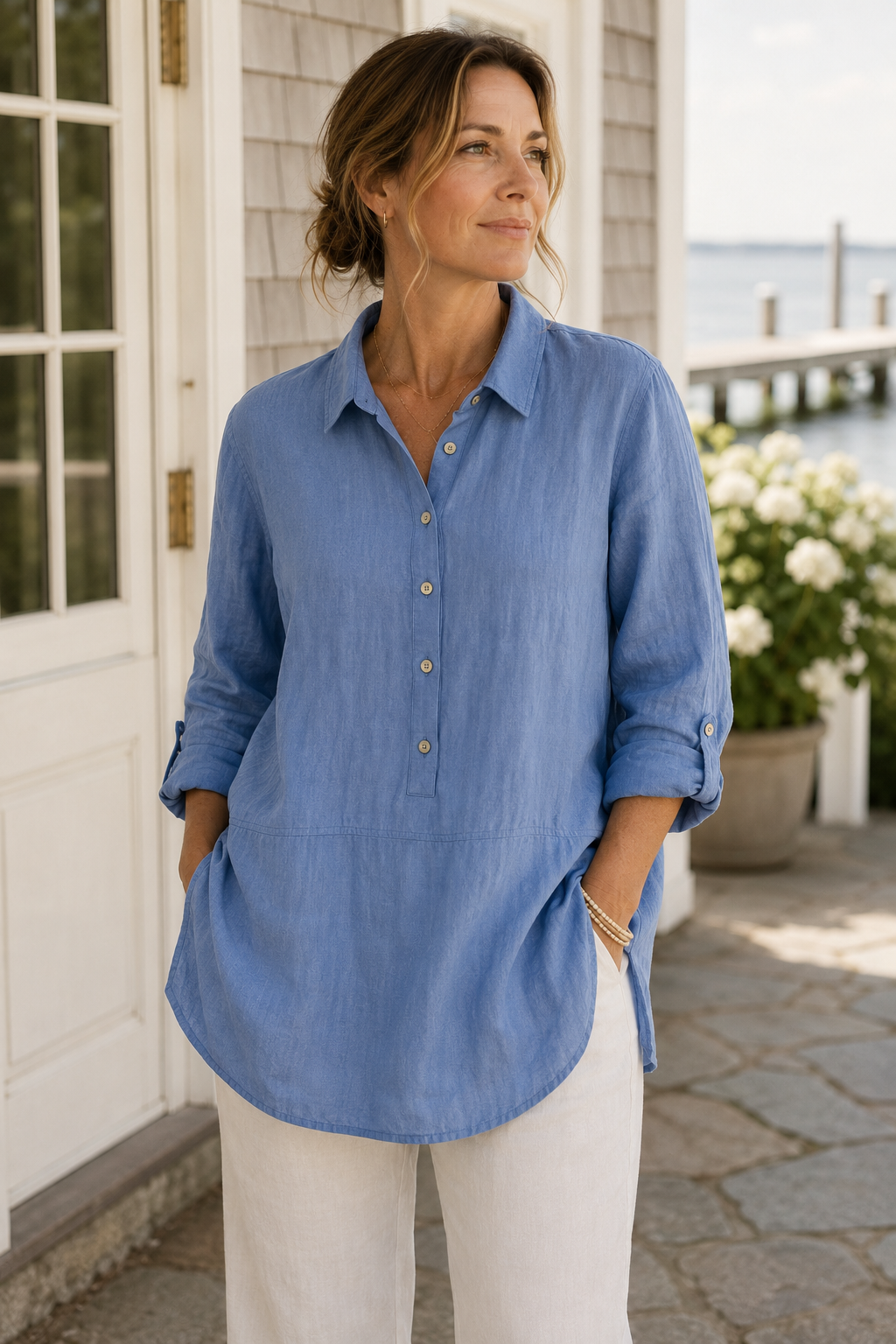 100% Linen J. Jill Love Linen Women’s Blue  1/2 Button Up Tunic Top M Minimalist