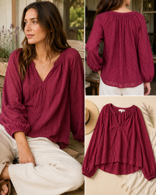 Xirena Women’s Burgundy Eyelet Peasant Blouse S Boho Cottagecore Romantic