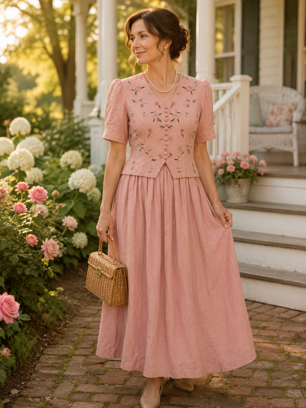 Karin Stevens Women’s Pink Maxi Dress Button Up Bodice Dress 12 80s Vintage Mom