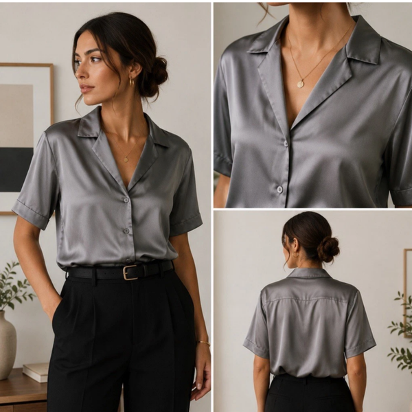 House Of Harlow 1960 Women’s Gray Satin Button Up Short Sleeve Blouse L Career