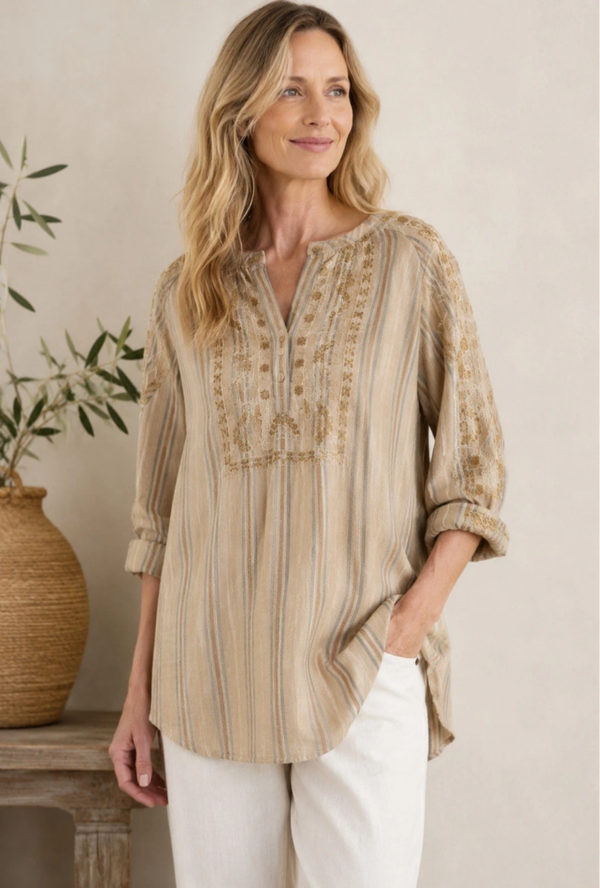 Purejill J. Jill Women’s Cotton Linen Embroidered 1/4 Button Blouse S Boho