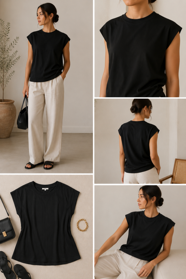 COS Women’s Black Sleeveless T-shirt EU-Large US-M Minimalist Quiet Luxury Boxy