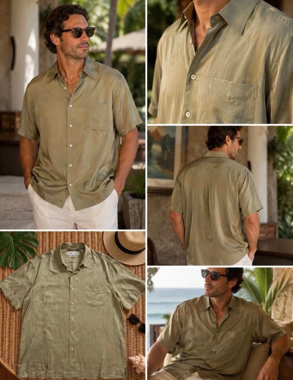 100% Silk Perry Ellis Mens Sage Button Down Shirt XL Resortwear Tropical Summer