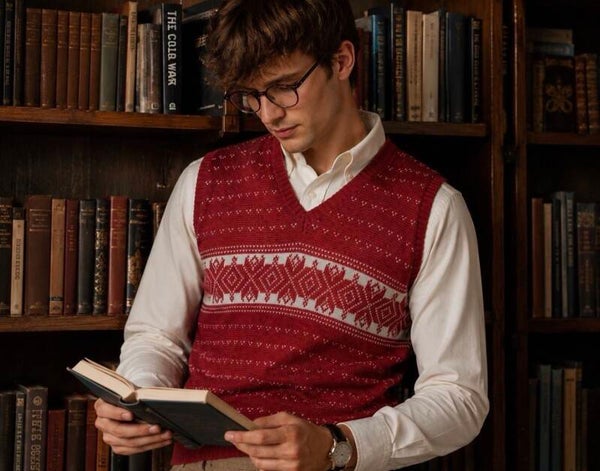 Vintage Bouvy Paris New York Men’s Nordic Sweater Vest L Red Academia Preppy