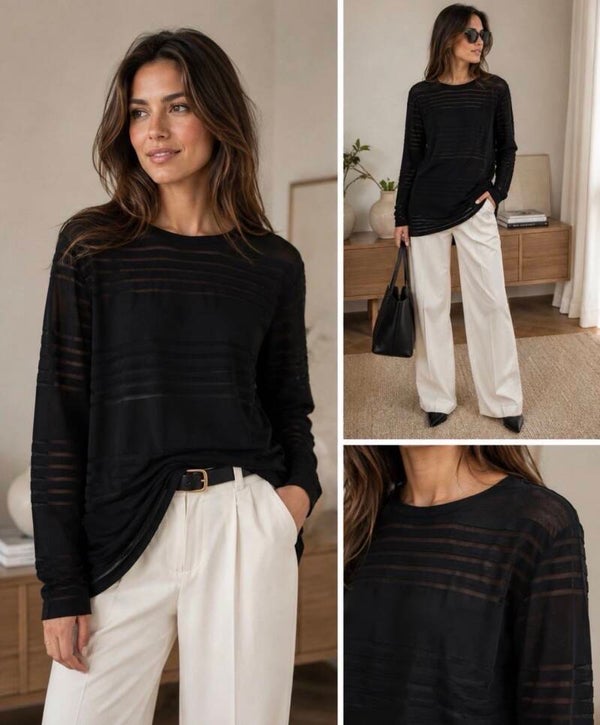 Theory Women’s Black Sheer Striped Tunic L Minimalist Quiet Luxury Capsule Class