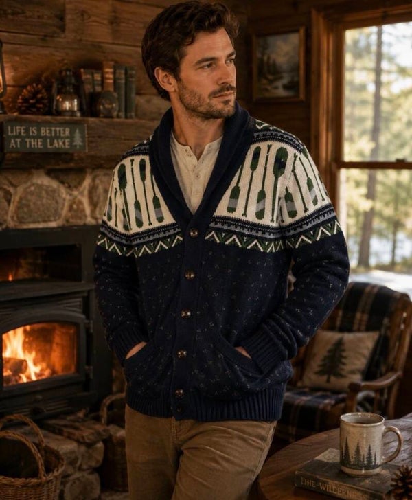 Merona Cardigan Mens M Medium Blue Boating Oars Button Shawl Neck Sweater Knit