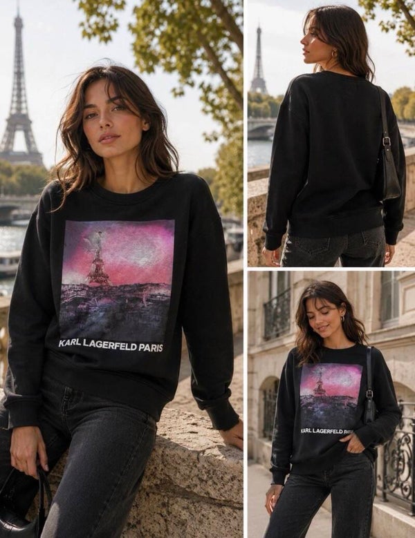 Karl Lagerfeld Women’s Paris Graphic Black Sweatshirt XS Designer Eiffel Tower