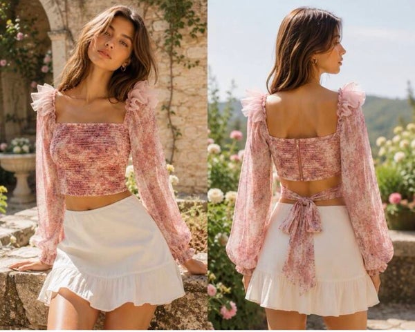 ASTR The Label Women’s Pink Floral Longsleeve Crop Top S Romantic Feminine Fairy
