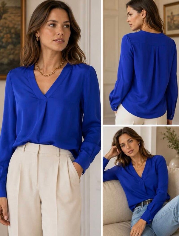 J Crew Women’s Cobalt Blue 100% Silk Longsleeve Blouse 4 Quiet Luxury Old Money