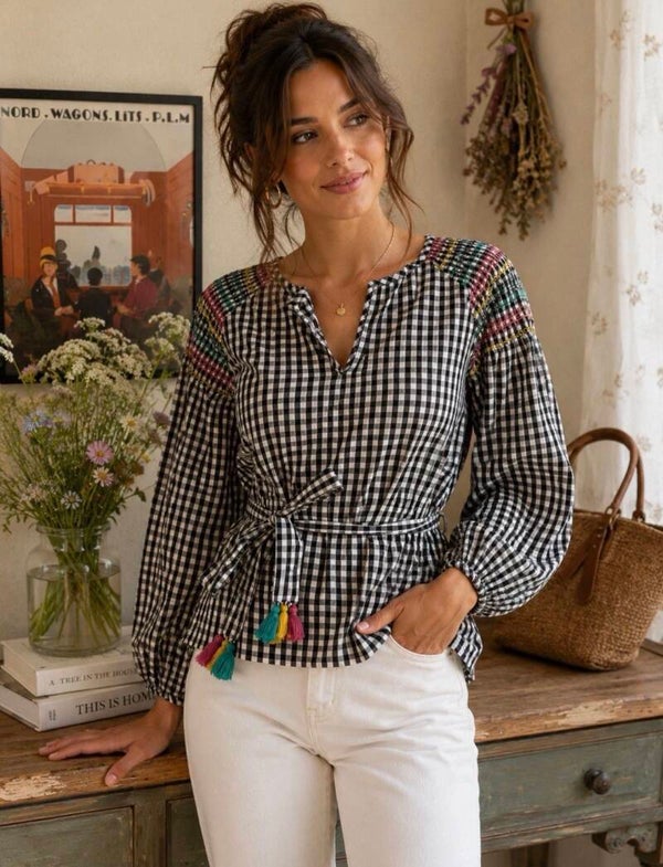 Madewell Women’s Black White Gingham V Neck Embroidered Blouse S Cottage Peasant