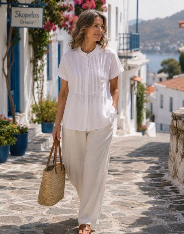 100% Linen Women’s White Pintuck Button Up 12 Quiet Luxury Coastal Grandma Beach
