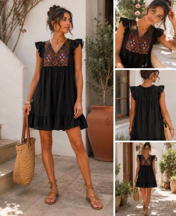 THML Women’s Black Smocked Aztec Embroidered Baby Doll Dress XS Boho Hippie