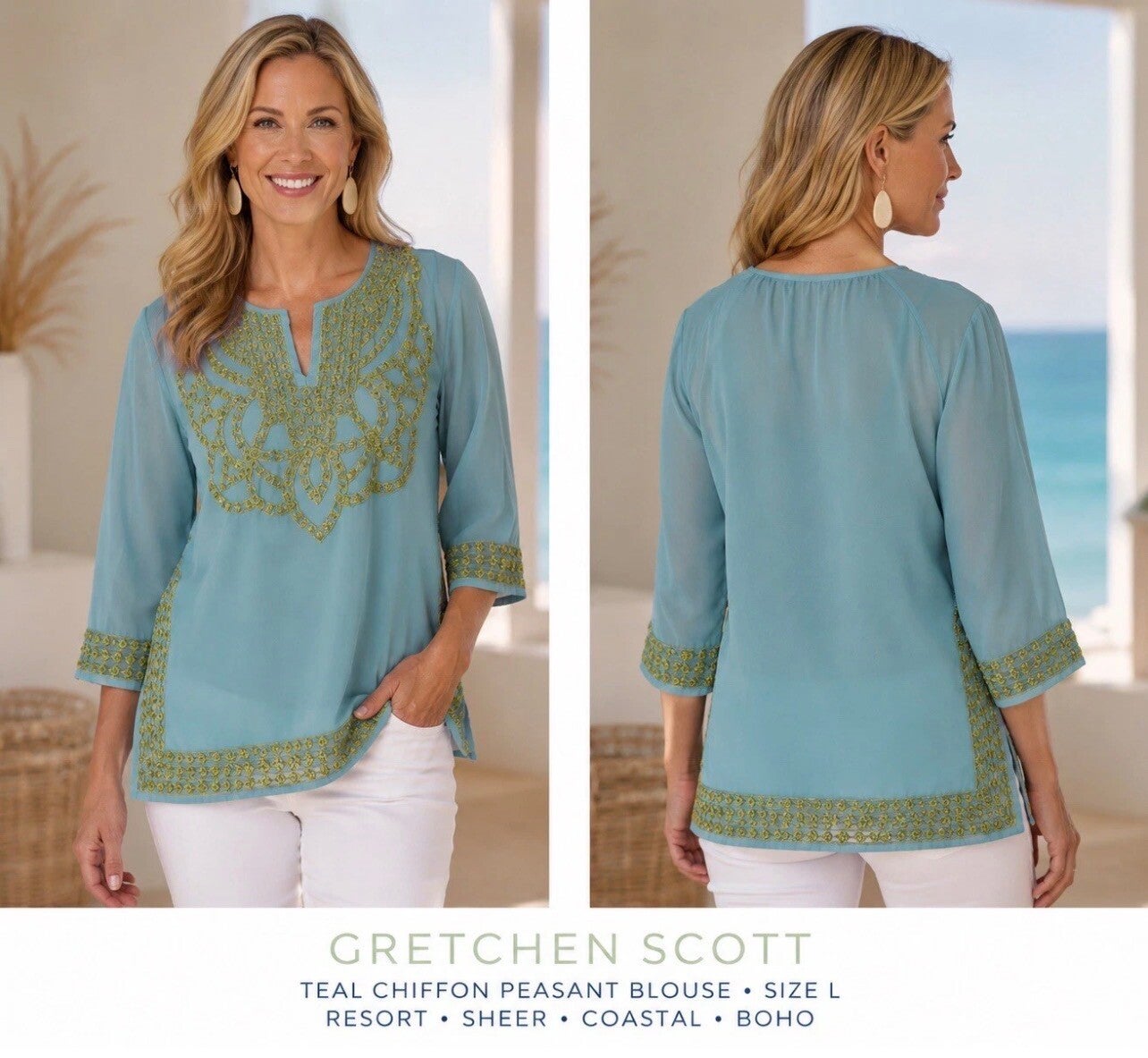 Gretchen Scott Women’s Teal Chiffon Peasant Blouse L Resort Sheer Coastal Boho