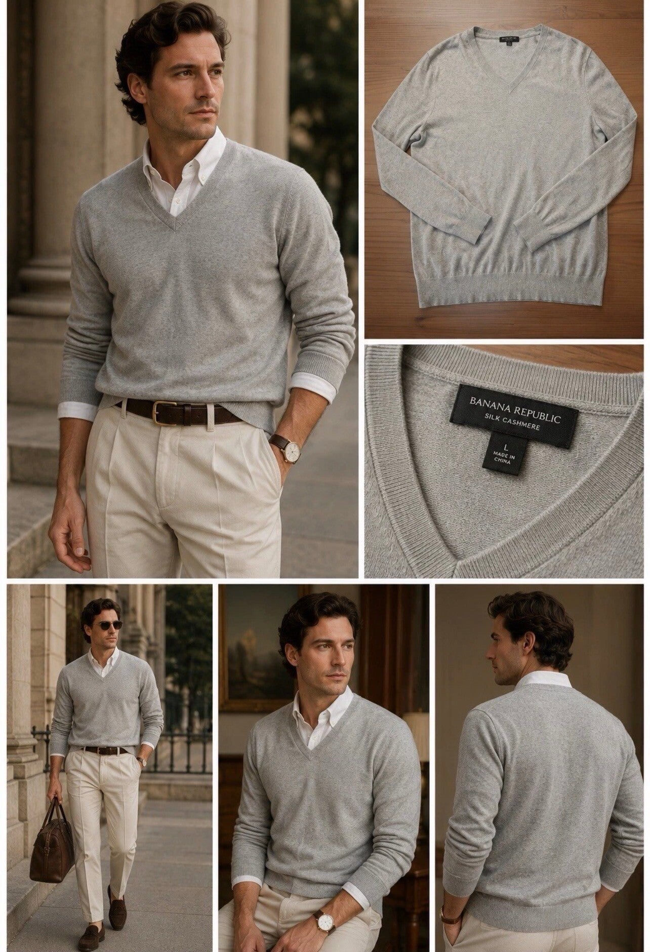 Banana Republic Men’s Light Grey Cashmere Silk Sweater L Old Money Quiet Luxury