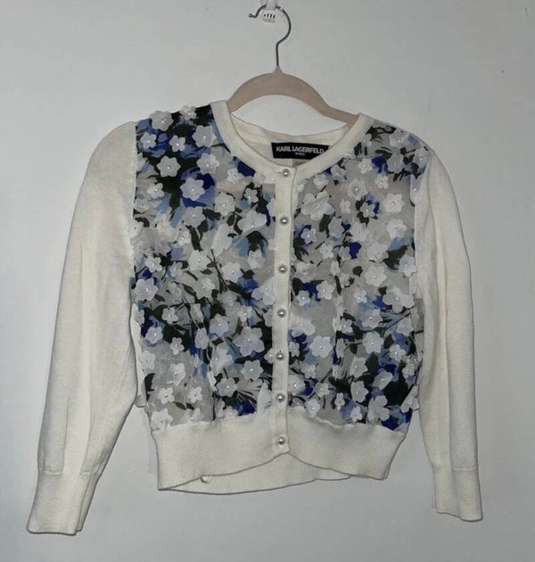 Karl Lagerfeld Women’s White Blue Floral Cardigan S Preppy Designer Spring Fairy