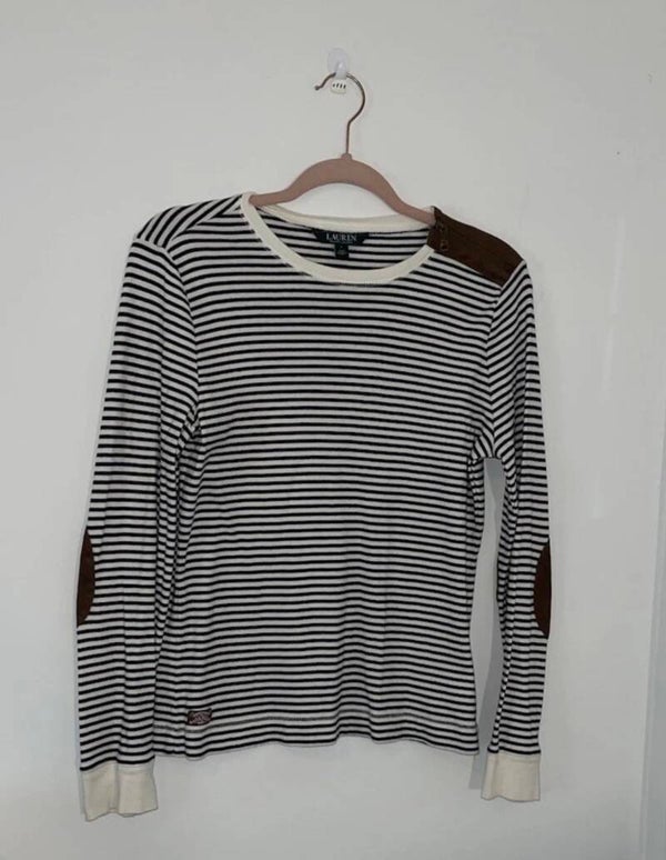 Ralph Lauren Women’s Black White Striped Long Sleeve Top L 100% Cotton Patches