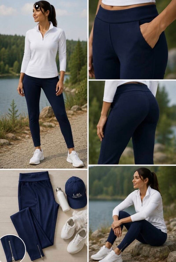 L-RL Lauren Active Women’s Navy Blue Leggings Zip Ankles S Athletic Outdoors