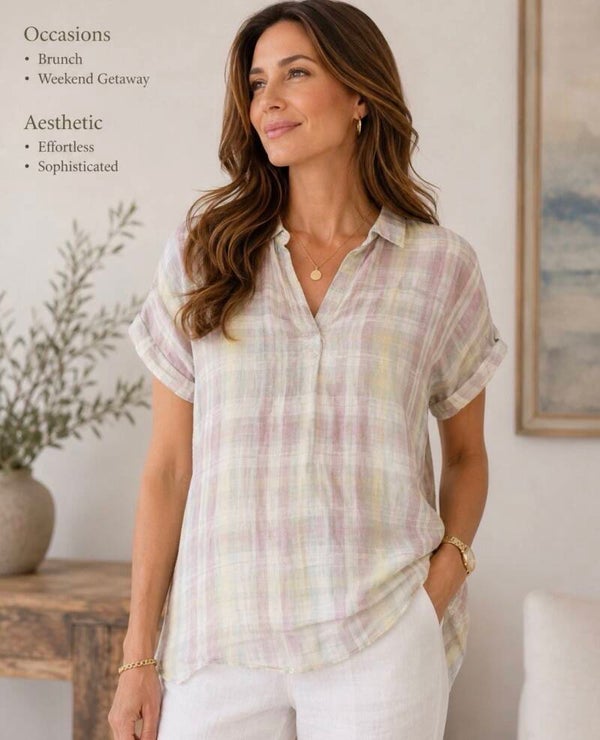 100% Linen Isaac Mizrahi Women’s Pastel Plaid V-neck Gingham Blouse L Summer