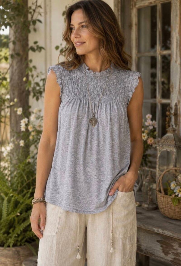 Sundance Women’s Gray Smocked Ruffled Neckline Sleeveless Shirt L Boho Cottage