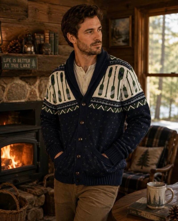 Merona Cardigan Mens M Medium Blue Boating Oars Button Shawl Neck Sweater Knit