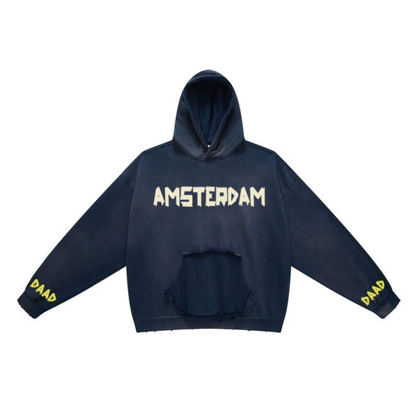 DAAD Unisex Ripped Hoodie Tape Logo Washed Blue