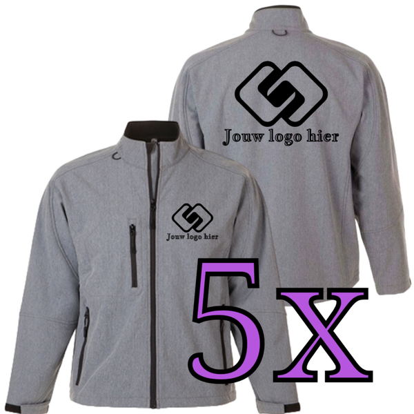 5x Sol's Relax/Roxy softshell jas bedrukt met borstlogo en groot ruglogo.