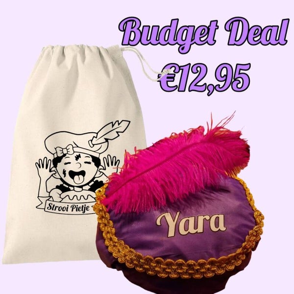 Budget deal! Polyester pietenmutsje en katoenen pepernootzakje gepersonaliseerd met naam.