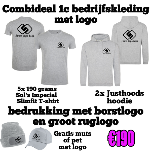 Combideal 1c met bedrijfskleding met logo (5x 190 grams Slimfit T-shirt en 2x Hoodie) (Kopie) (Kopie)