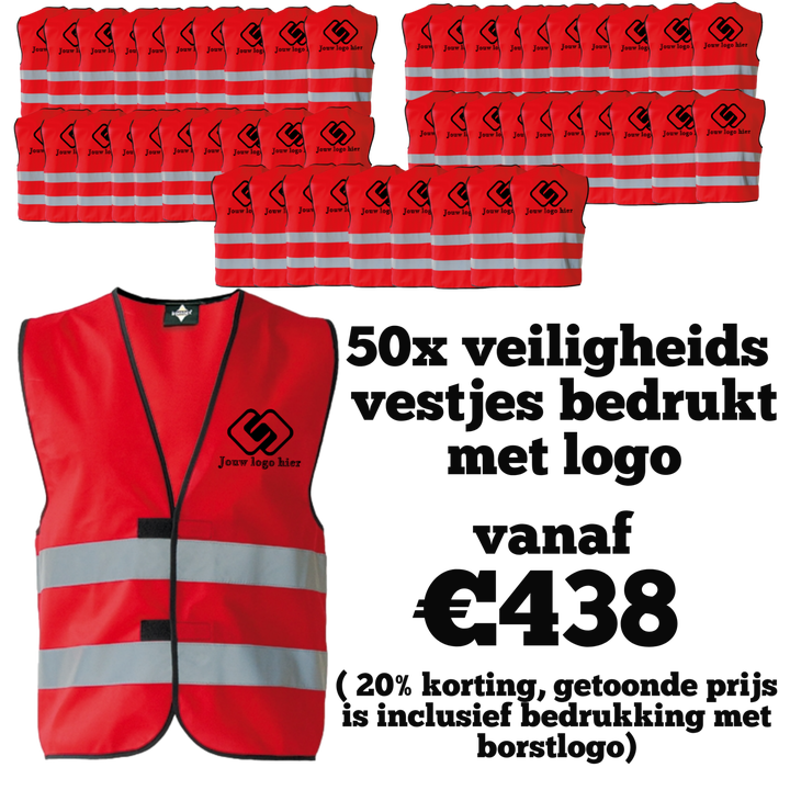 50x Veiligheidsvest voor volwassenen bedrukt met logo