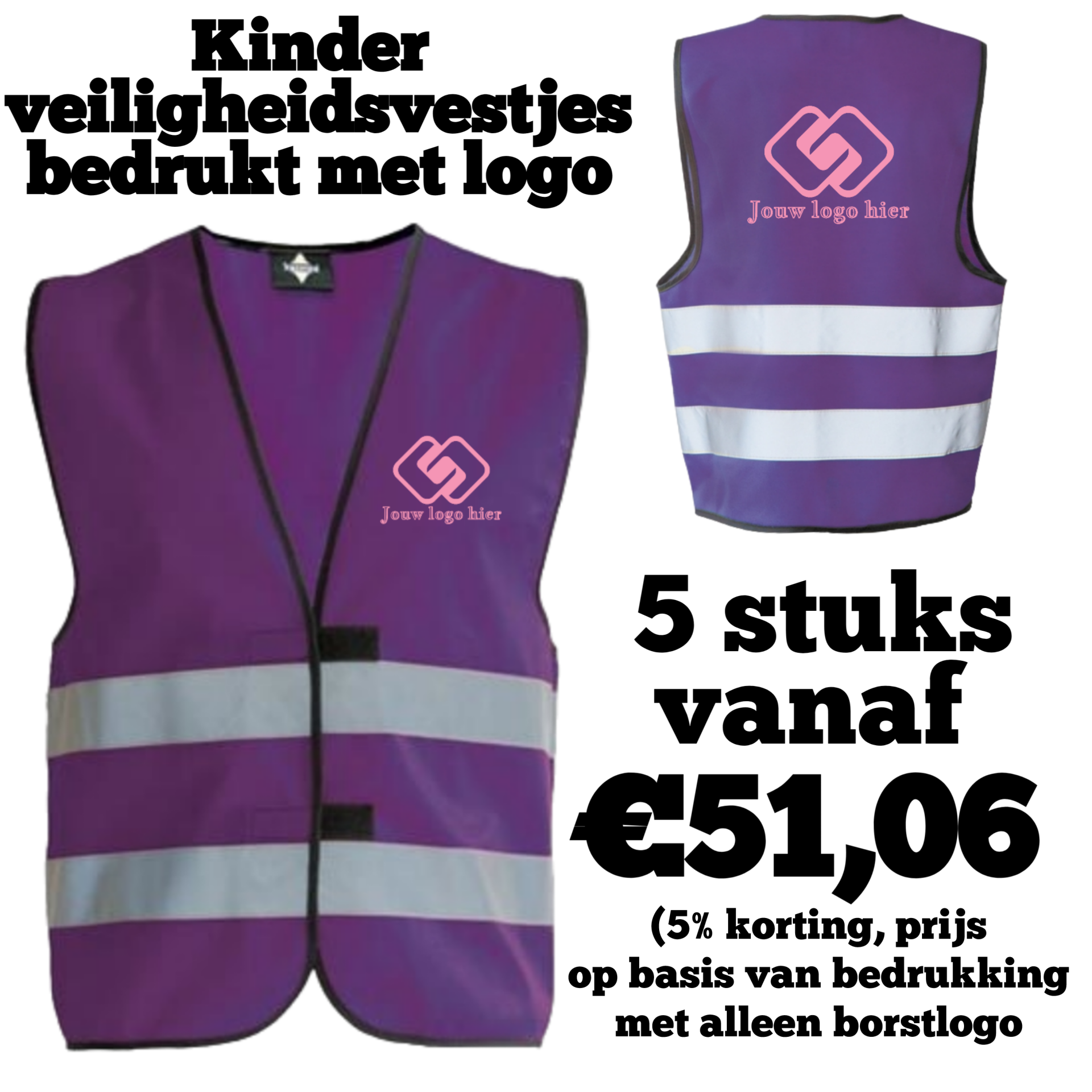 5x Veiligheidsvest voor kinderen bedrukt met logo