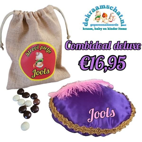 Satijne Pietenmuts en jute pepernootzakje gepersonaliseerd met naam