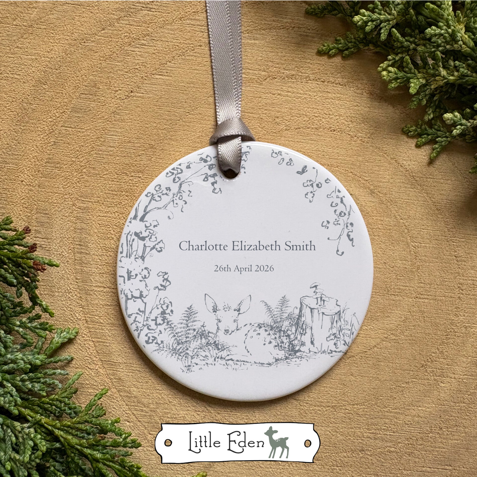 New Baby Personalised Ceramic Keepsake - Hand Drawn Forest Fawn