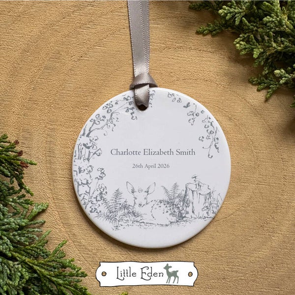 New Baby Personalised Ceramic Keepsake - Hand Drawn Forest Fawn
