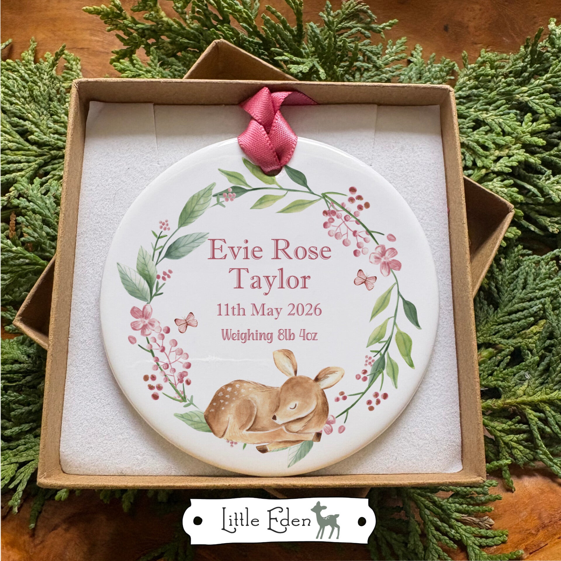 New Baby Personalised Keepsake Ceramic - Pink Little Deer