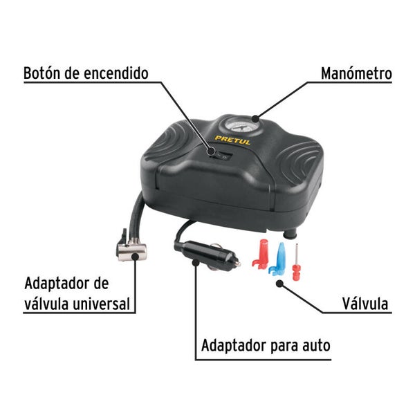 Inflador portátil para auto, 12 V PRETUL