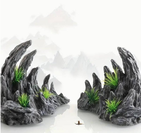 Kunstmatige hars aquarium decoratie smaragdgroene rotspartij 2 delig