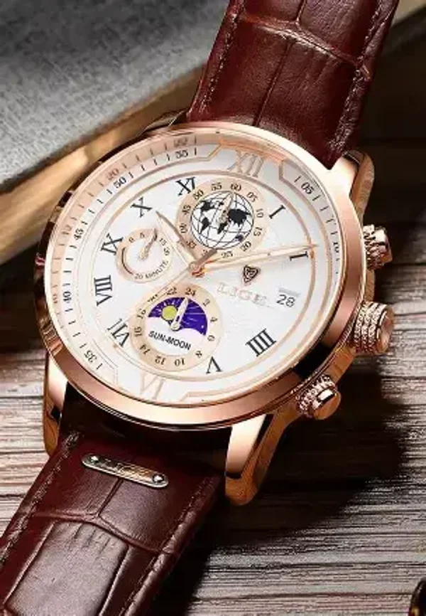 LIGE Rose Gold White Dial Leather Strap Watch