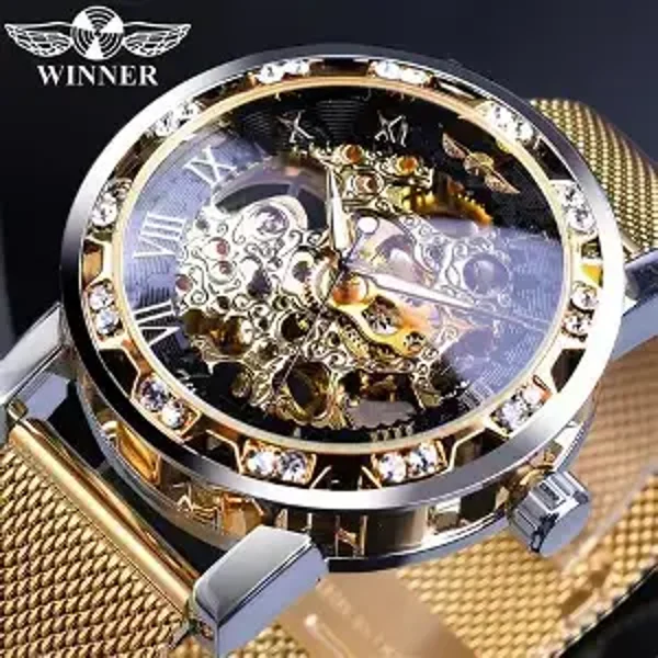 Winner Gold Skeleton Crystal Mesh Watch