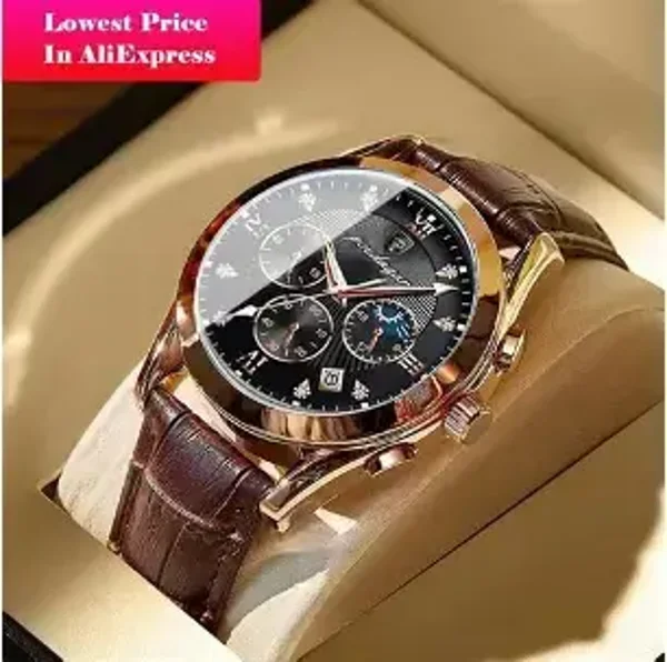 Prestige Rose Gold Black Dial Leather Watch