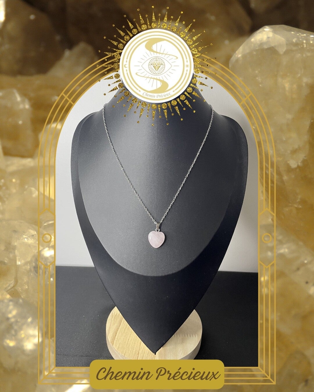 Collier petit coeur - quartz rose - acier inoxydable