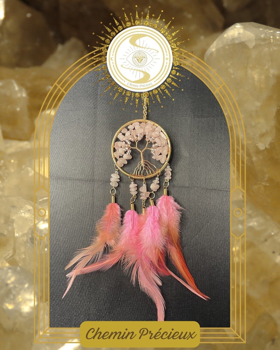 Attrape rêves doré - arbre de vie & quartz rose