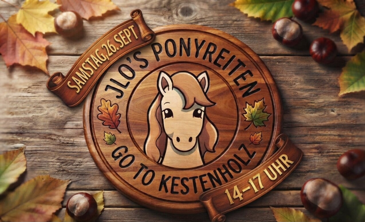 JLo's Ponyreiten Banner für die St. Ursen-Chilbi Kestenholz am Samstag, 26. September von 14 bis 17 Uhr mit Logo-Holzschild und herbstlicher Dekoration.