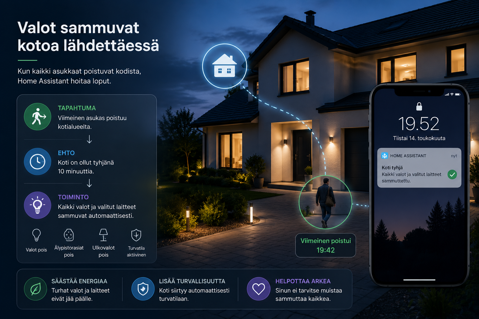 Älykodin valot sammuvat automaattisesti asukkaiden poistuessa