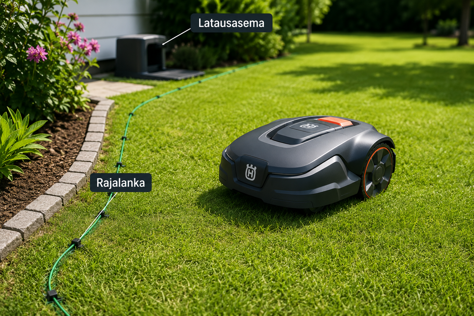 Robottiruohonleikkurin rajalanka ja latausasema