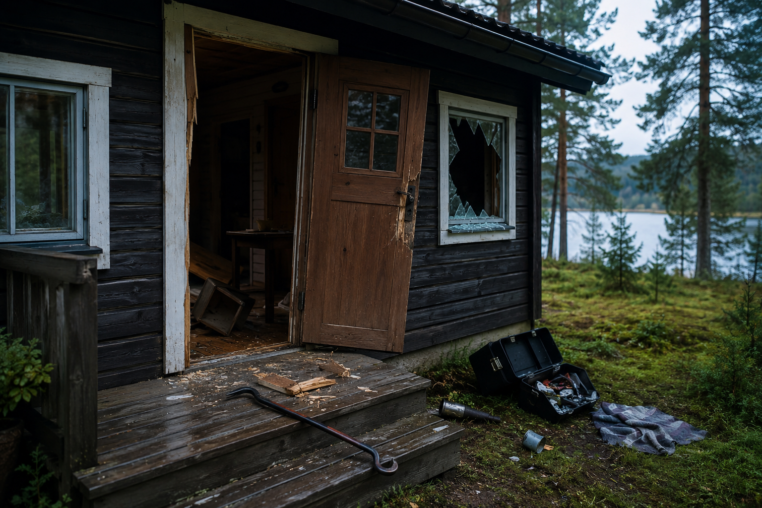 Mökkiin murtauduttu ja valvontakamera mökin seinässä